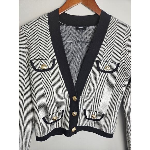 Express Size S Tipped Striped Herringbone Gold Button Sweater Jacket Cardigan - Picture 2 of 5